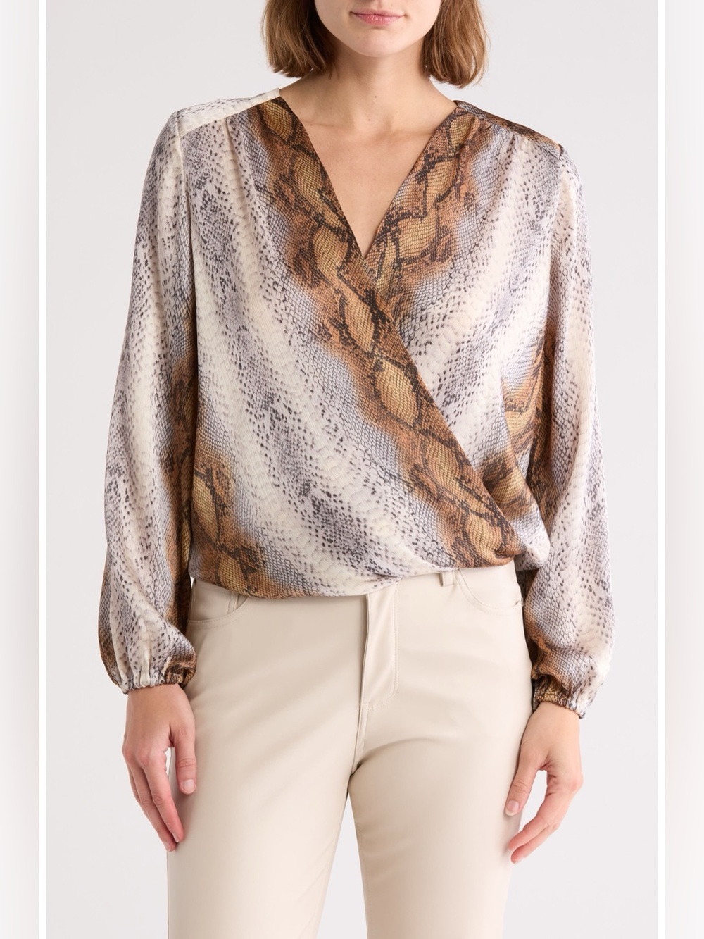 Chelsea & Theodore Snake-Print Surplice Blouse - Brown/Beige